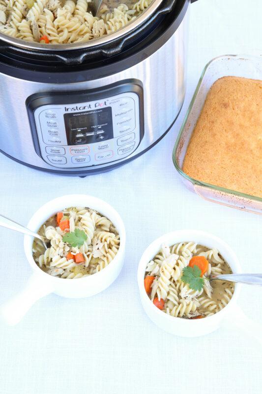 GF chicken noodle soup in the Instant Pot with gluten-free cornbread