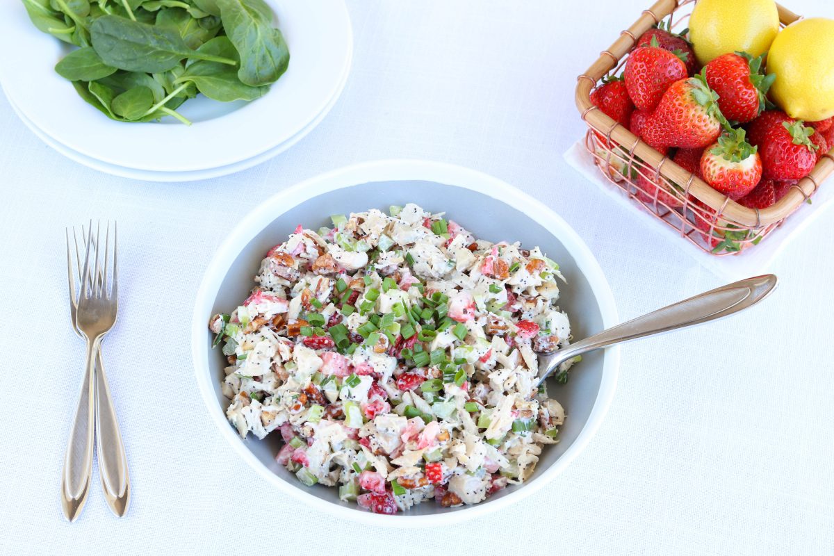 chicken salad with strawberries, green onions and poppy seeds