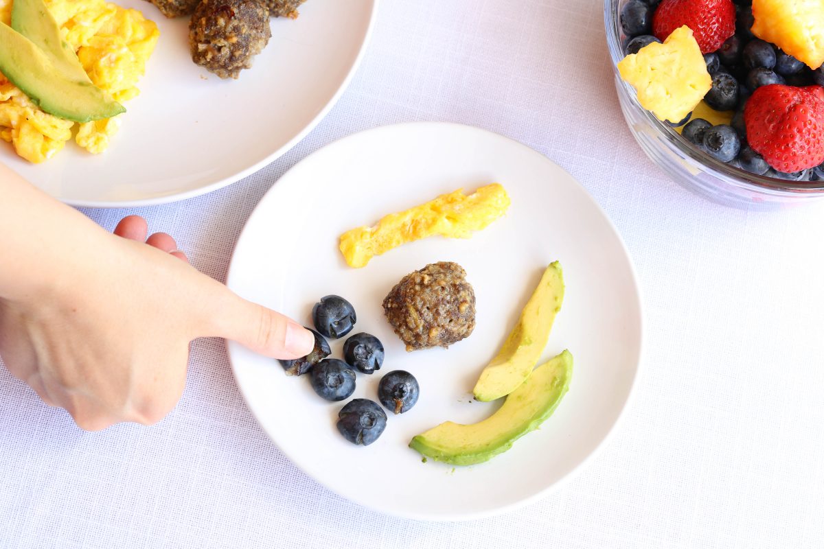 breakfast meatball with fruit and avocado for baby led weaning