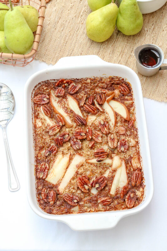 Spiced Pear Oatmeal bake fresh out of the oven