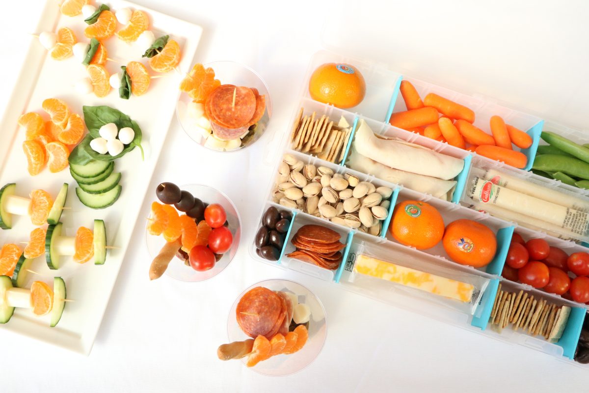 Healthy Snacks for Spring Break with charcuterie cups, snack skewers and a snackle box